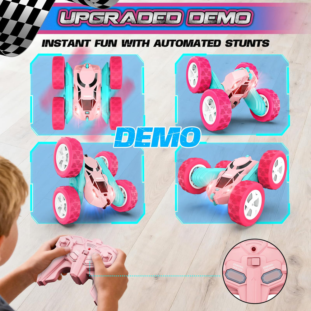Cosone RC pink car 360 rotation enables dramatic stunt play.