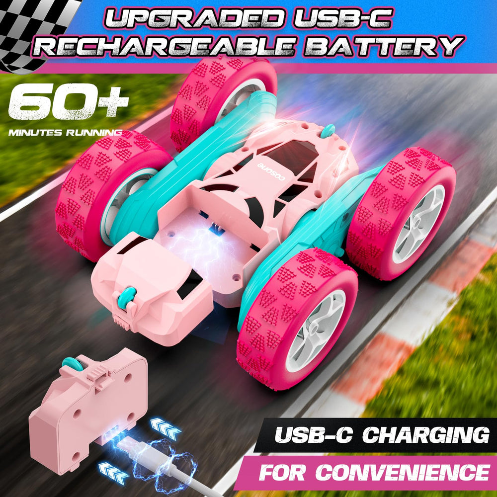 Cosone RC pink car side view showing stable steering on carpets.