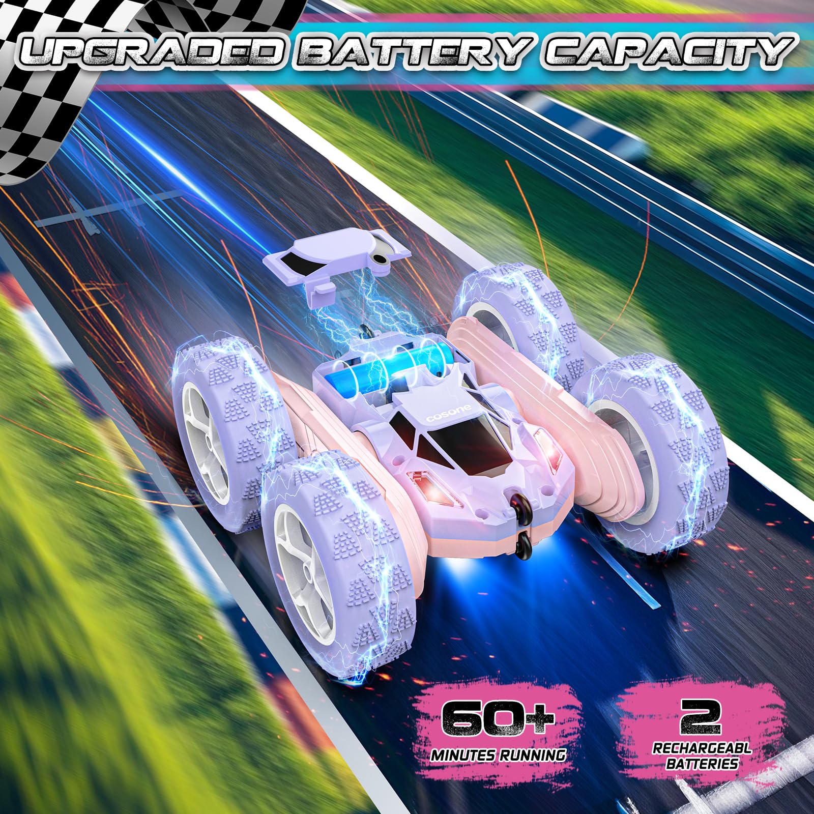 Cosone RC stunt car performing 360 flip during a trick