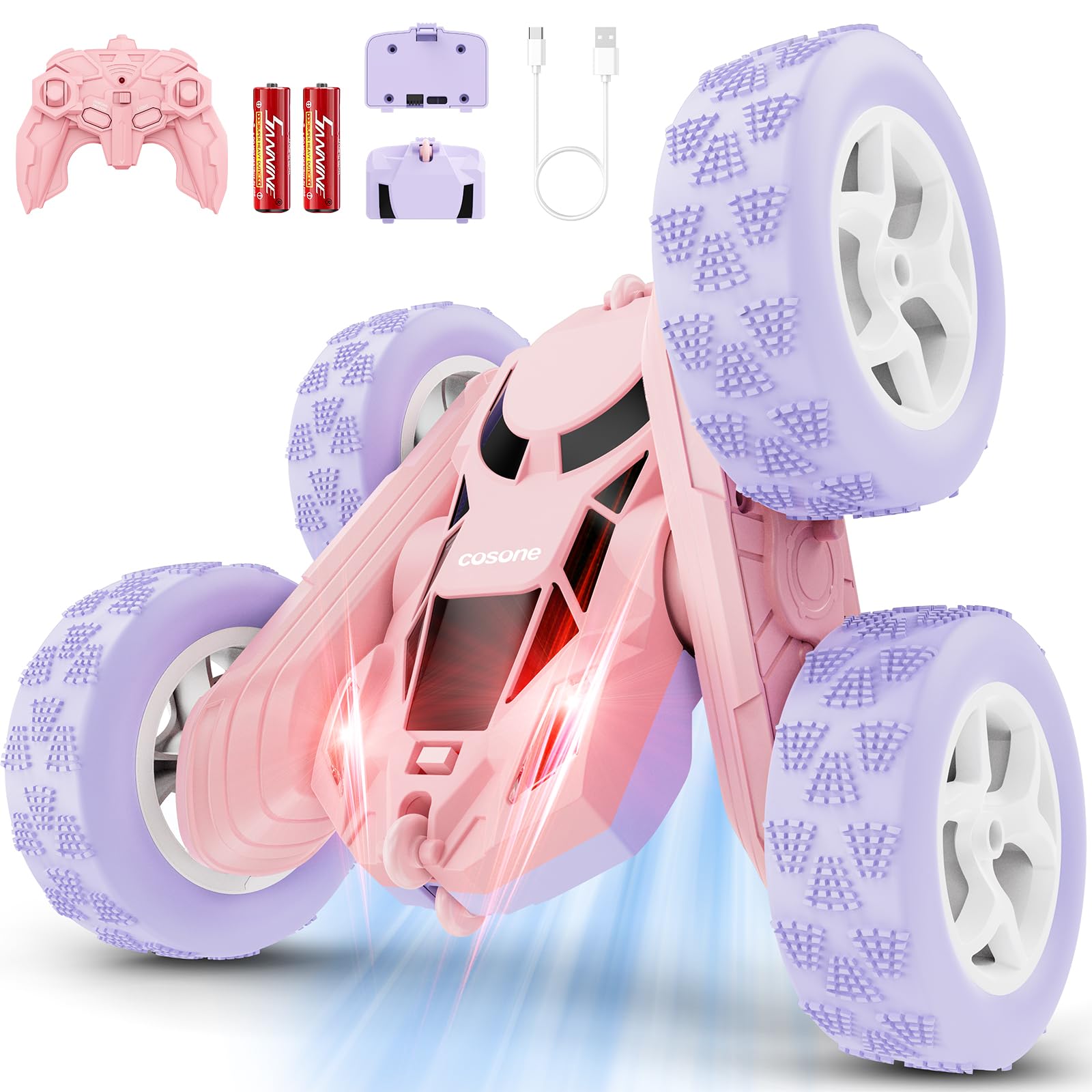 Cosone RC Stunt Car with lights, durable ABS build for active indoor and outdoor play.