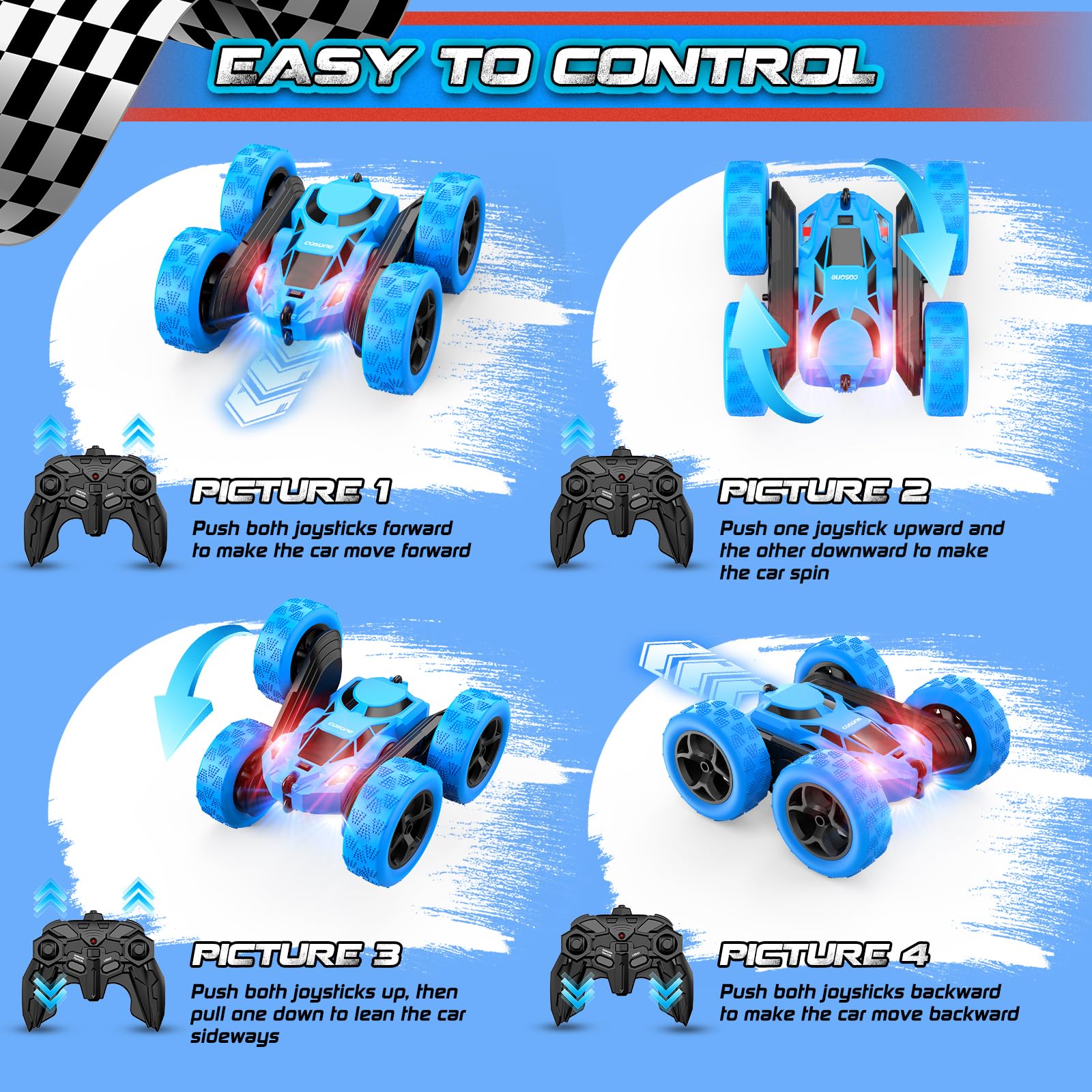 Cosone remote-control car blue 360-degree flips demo.