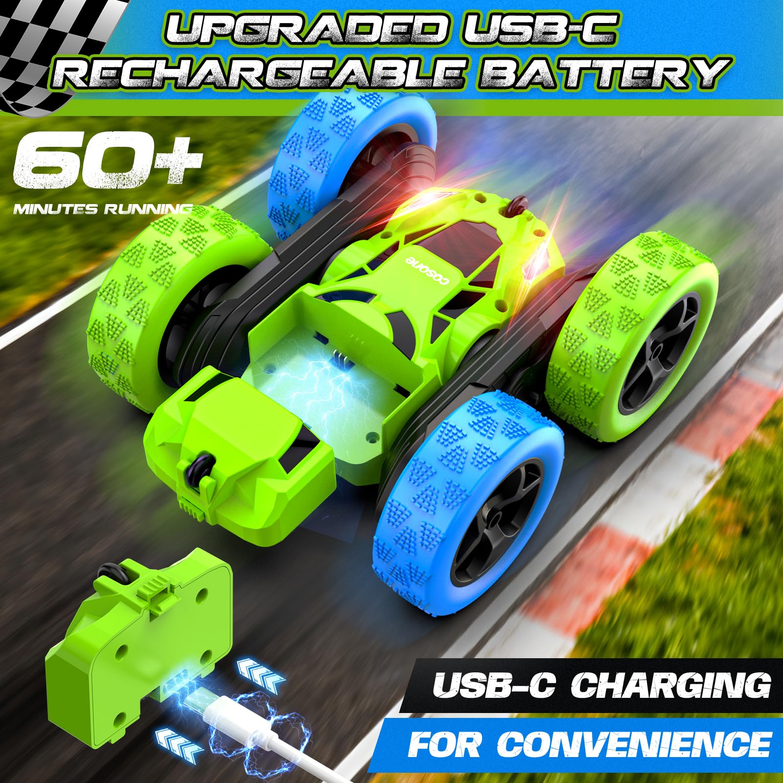 Cosone remote-control car rear view shows compact, easy-to-store build.