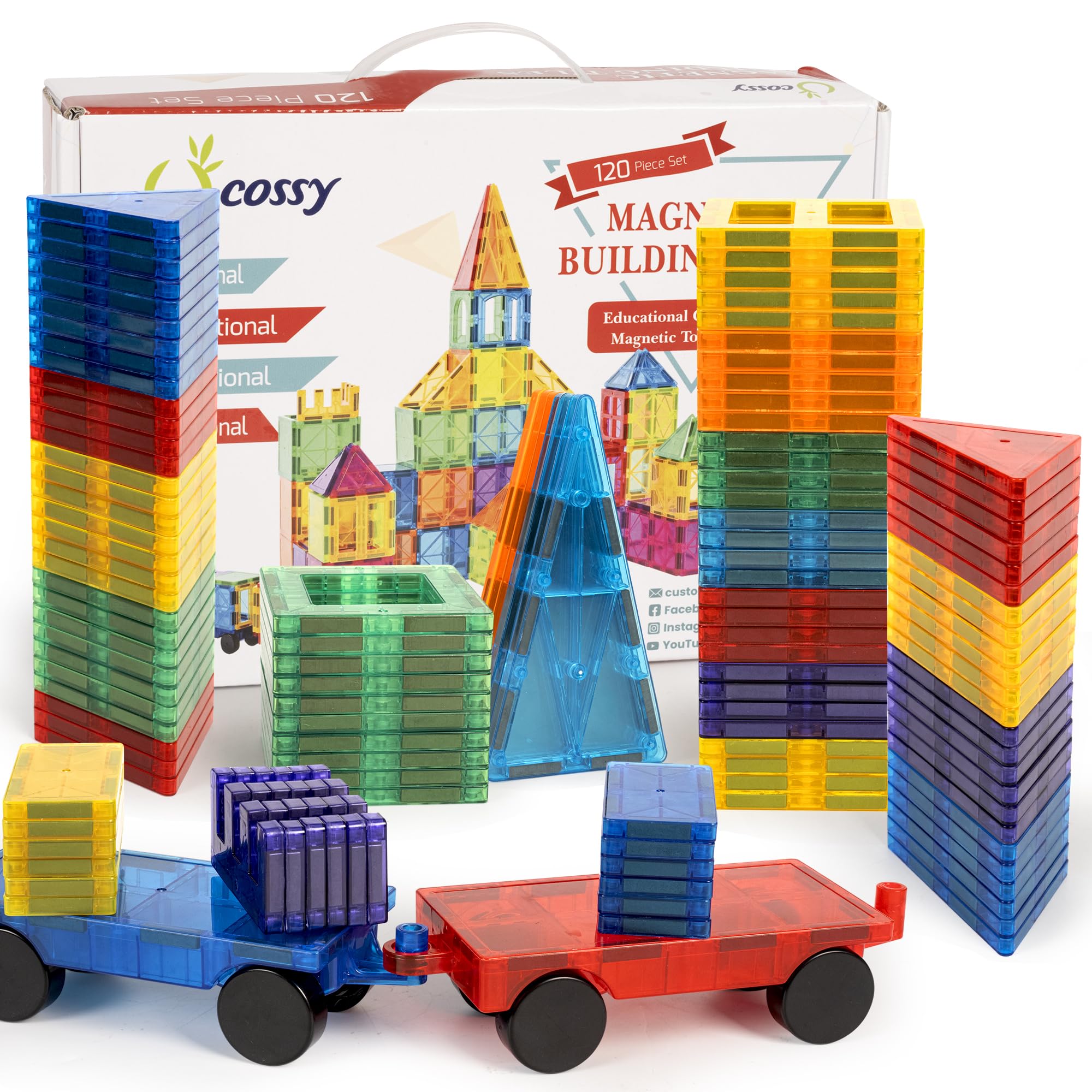 Cossy 120pcs magnetic tiles packed for easy storage and imaginative play.