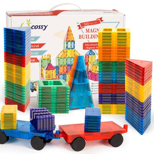 Cossy 120pcs magnetic tiles packed for easy storage and imaginative play.