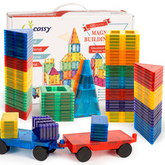 Cossy 120pcs magnetic tiles packed for easy storage and imaginative play.