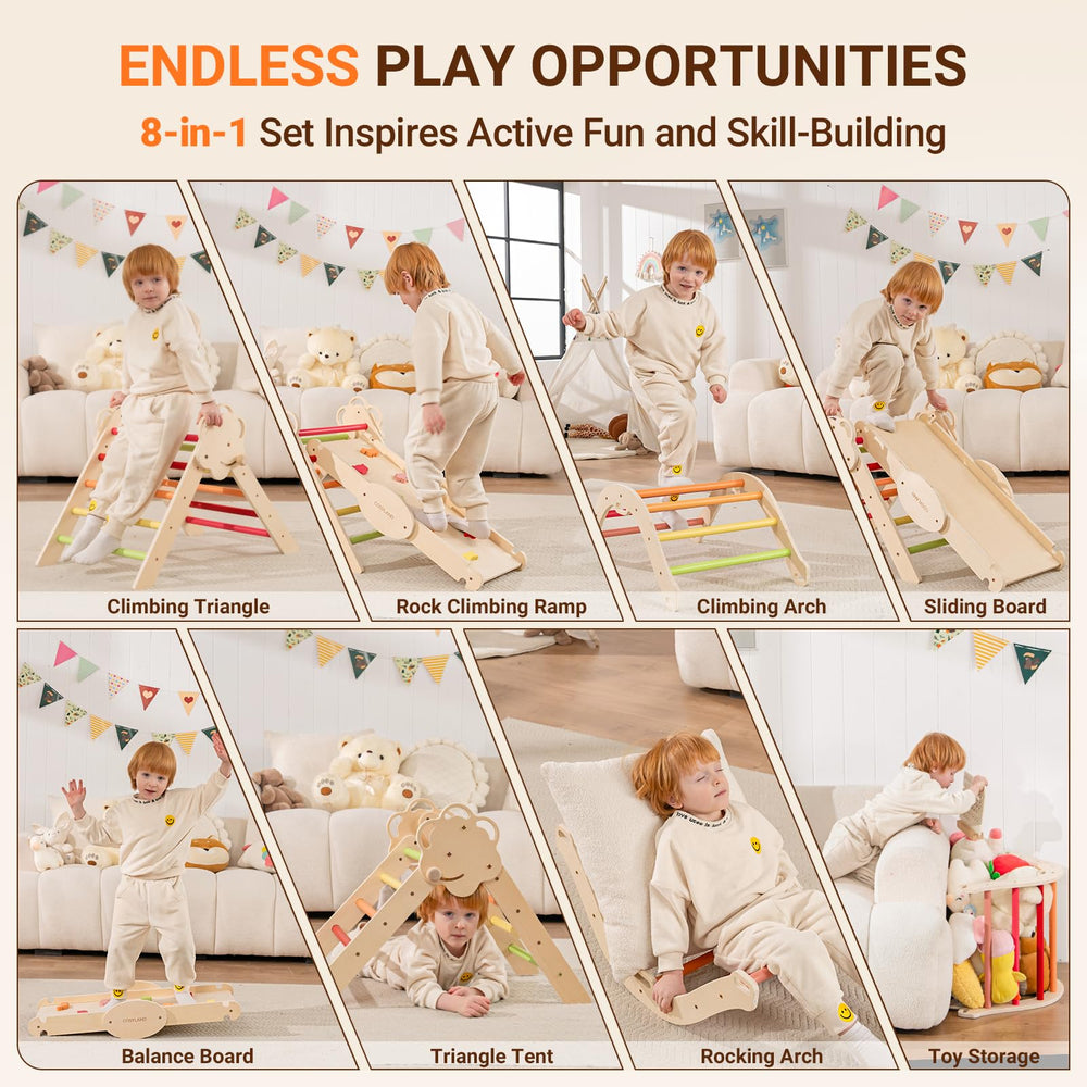 COSYLAND 8-in-1 modules show versatile climbing options that grow with toddlers over time.