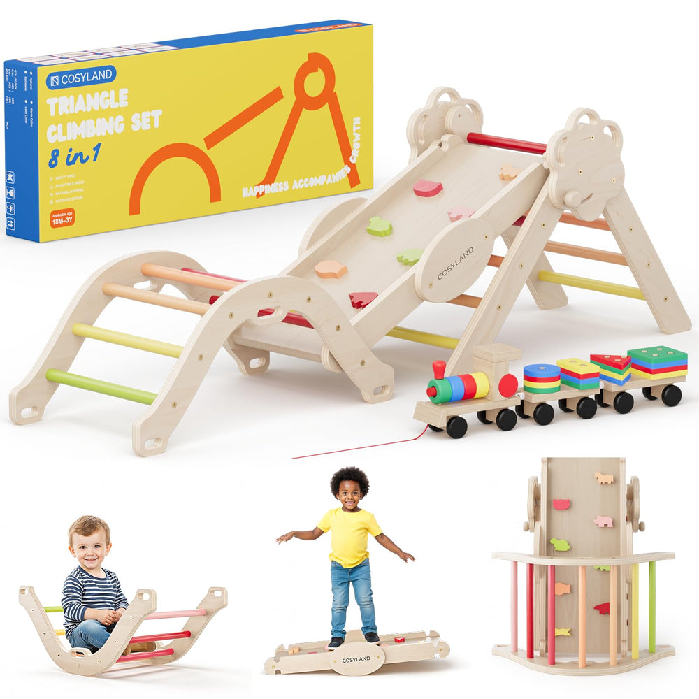 COSYLAND Pikler Triangle Set folded design shows space-saving indoor gym for toddlers.