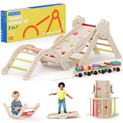 COSYLAND Pikler Triangle Set folded design shows space-saving indoor gym for toddlers.