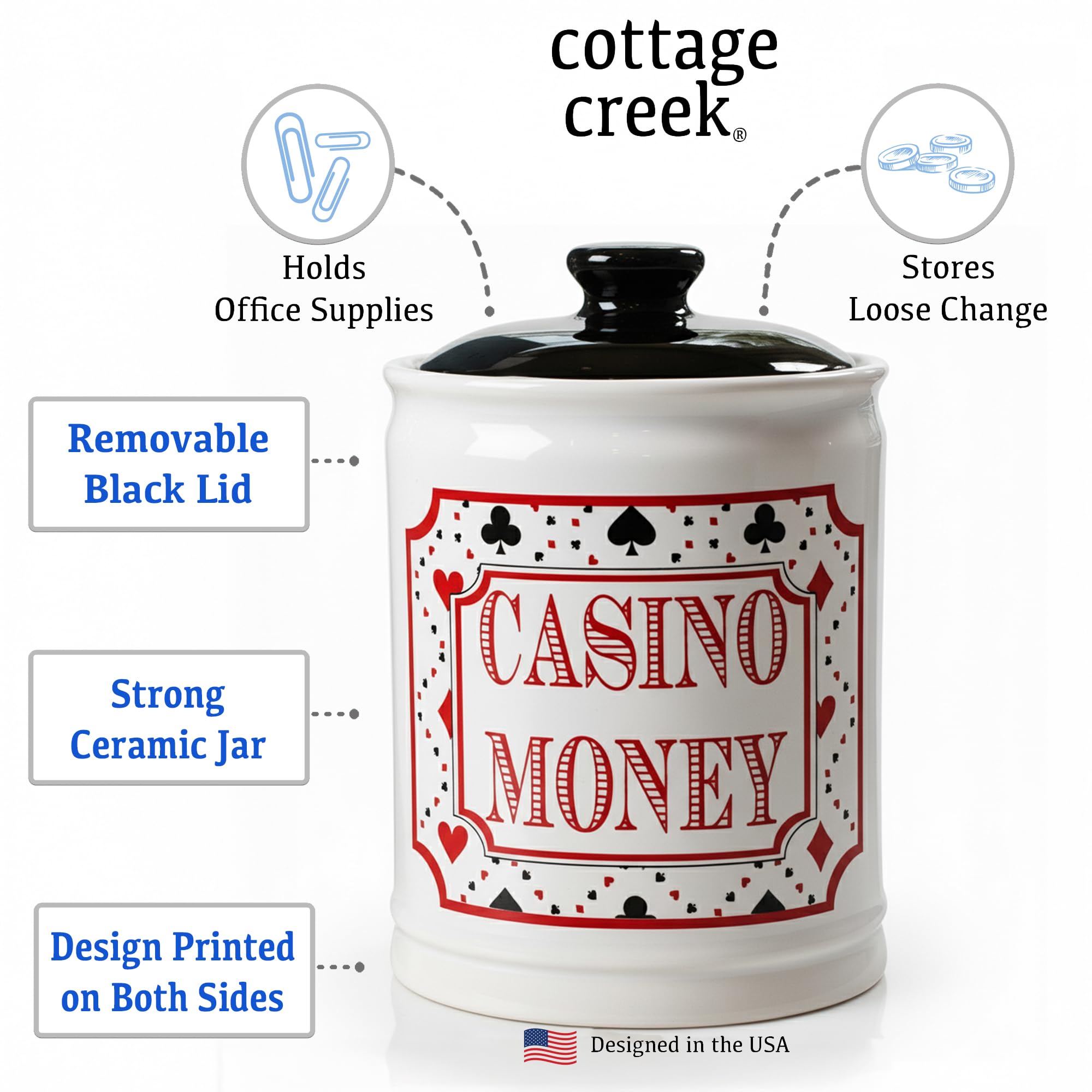 Cottage Creek Casino Money Jar, double-sided slot focus, enhances decor while saving.