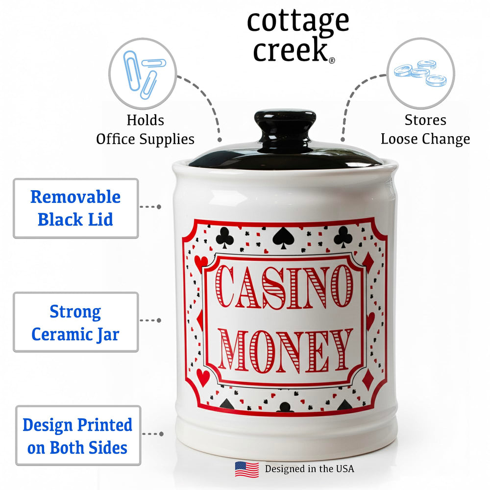 Cottage Creek Casino Money Jar, double-sided slot focus, enhances decor while saving.