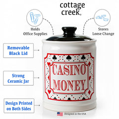 Cottage Creek Casino Money Jar, double-sided slot focus, enhances decor while saving.