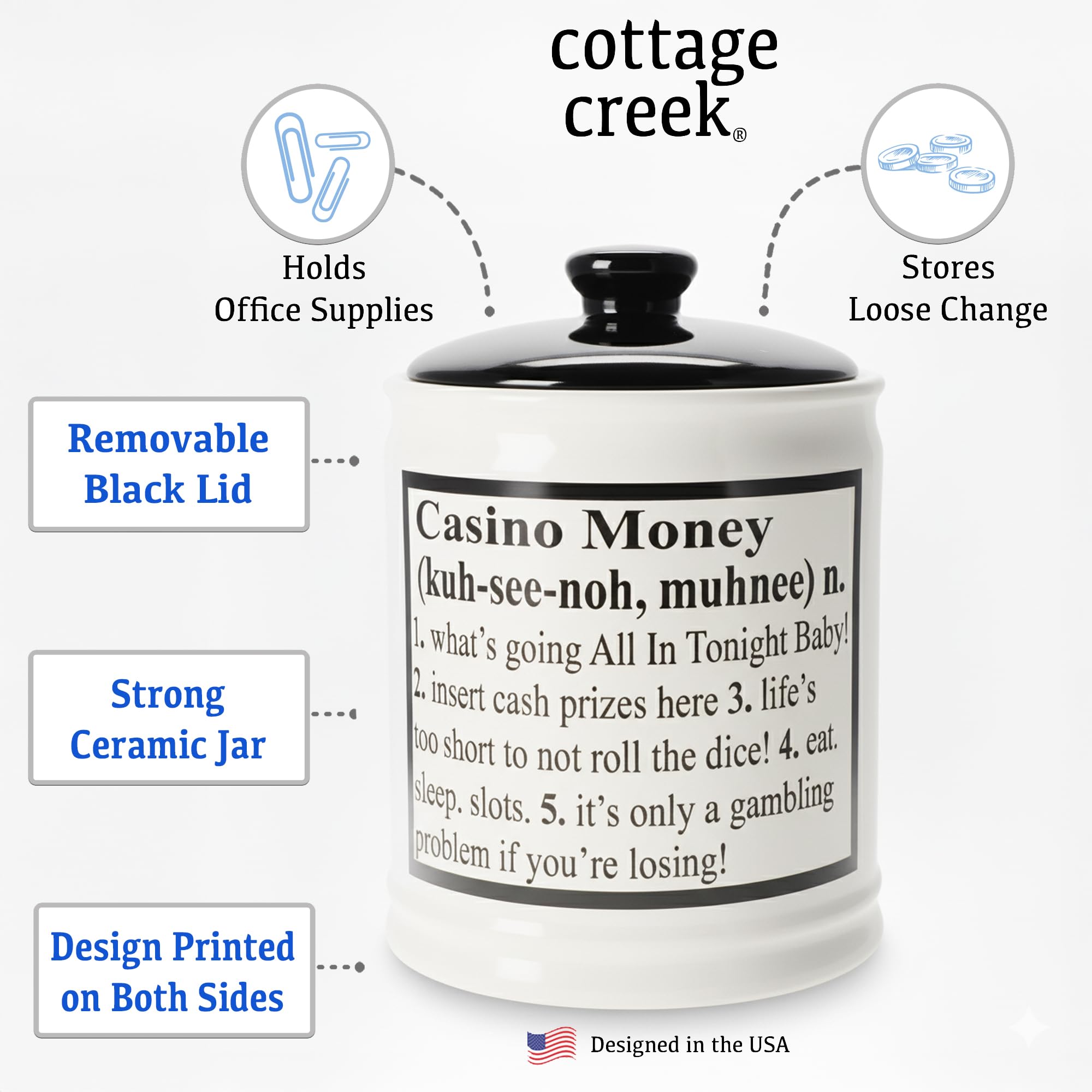 Cottage Creek Casino Money Piggy Bank ceramic detail highlights durable stoneware and vibrant casino motif.