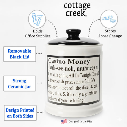 Cottage Creek Casino Money Piggy Bank ceramic detail highlights durable stoneware and vibrant casino motif.