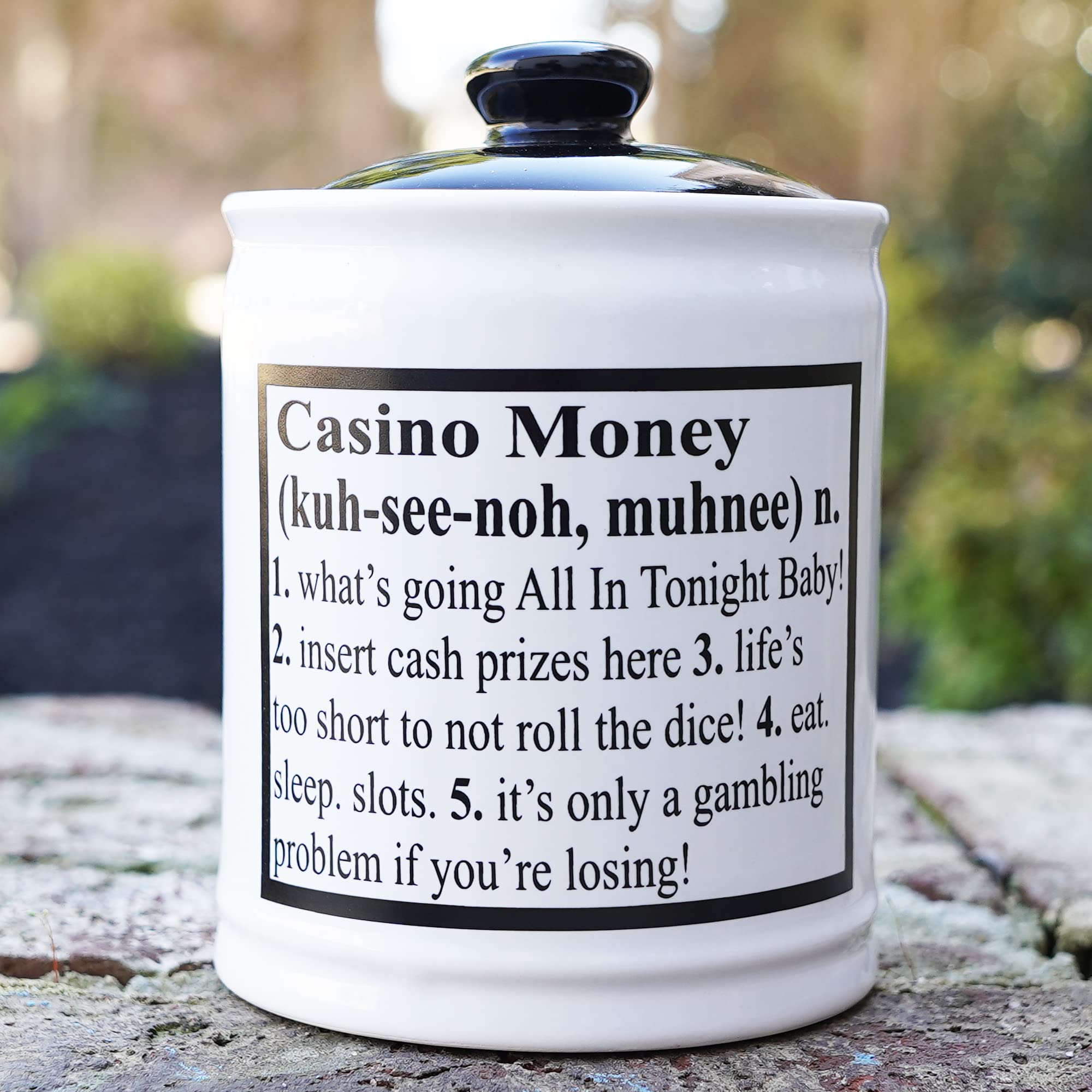 Cottage Creek Casino Money Piggy Bank tabletop display enhances a home bar or office desk.