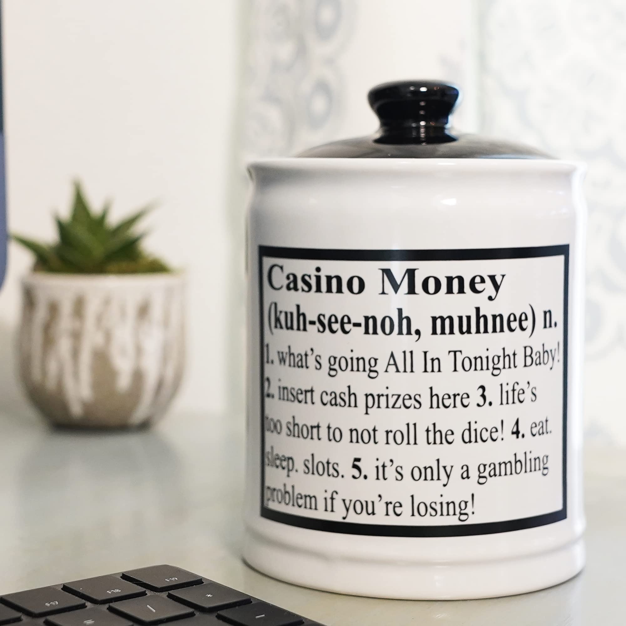 Cottage Creek Casino Money Piggy Bank Vegas theme decor adds festive flair and novelty.