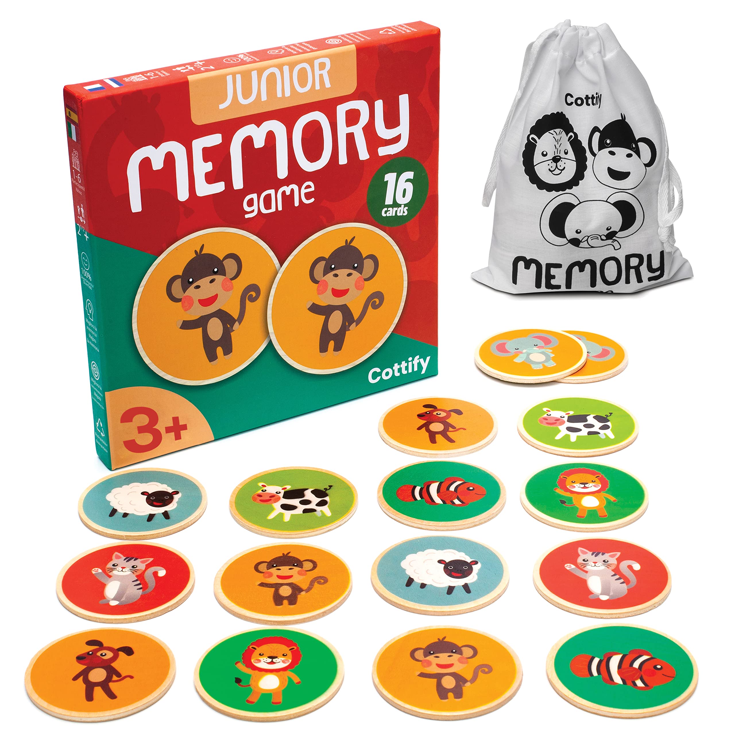 Cottify Montessori wooden matching game with 16 cards and carry bag for portable play
