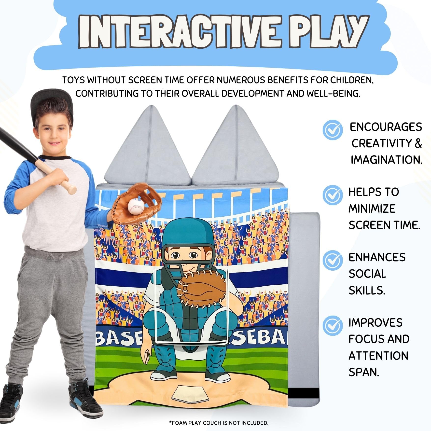 Couch Swag Baseball Play Panel pitching-target visual helps kids practice hand-eye coordination.