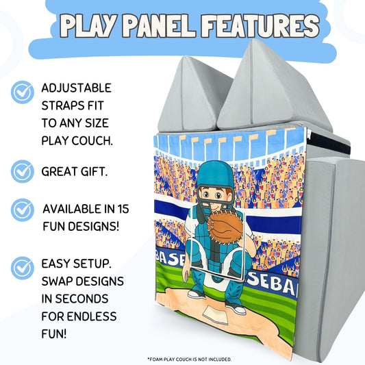 Couch Swag Baseball Play Panel strap-secure demonstrates easy setup and adjustable fit.