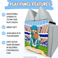 Couch Swag Baseball Play Panel strap-secure demonstrates easy setup and adjustable fit.