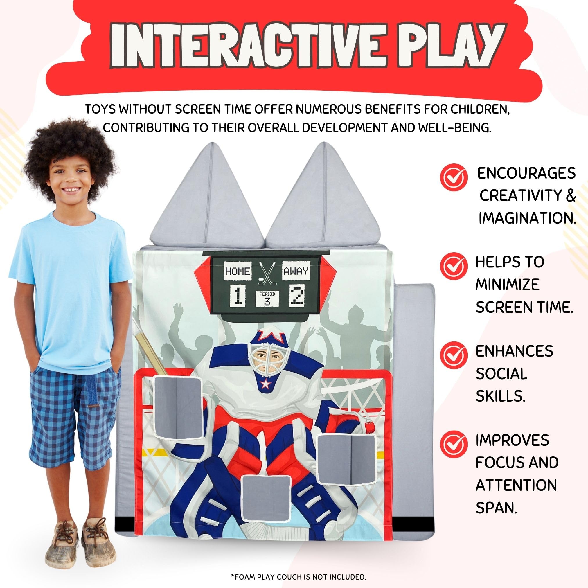 Couch Swag Hockey Play Panel with adjustable straps ensures secure setup.