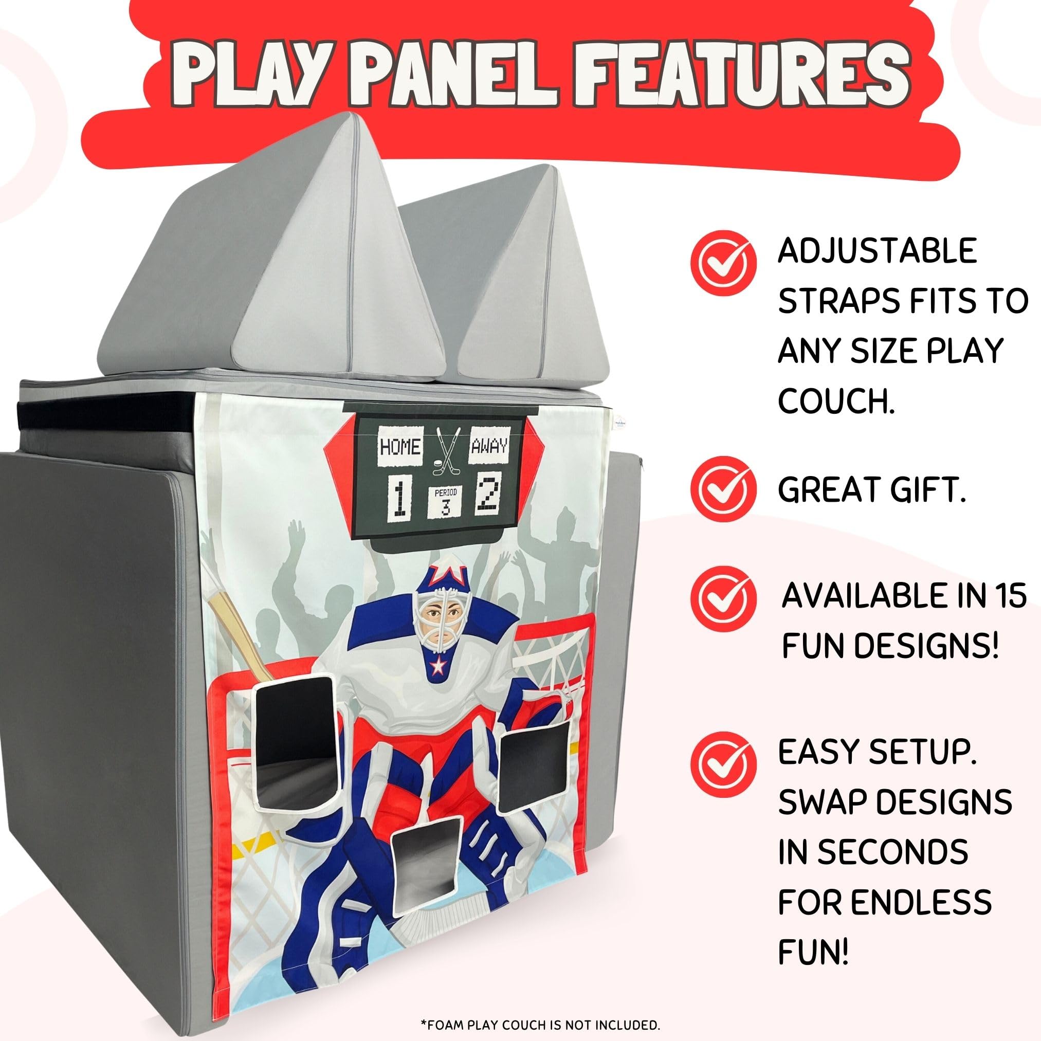 Couch Swag Hockey Play Panel attached to a foam couch for group play.