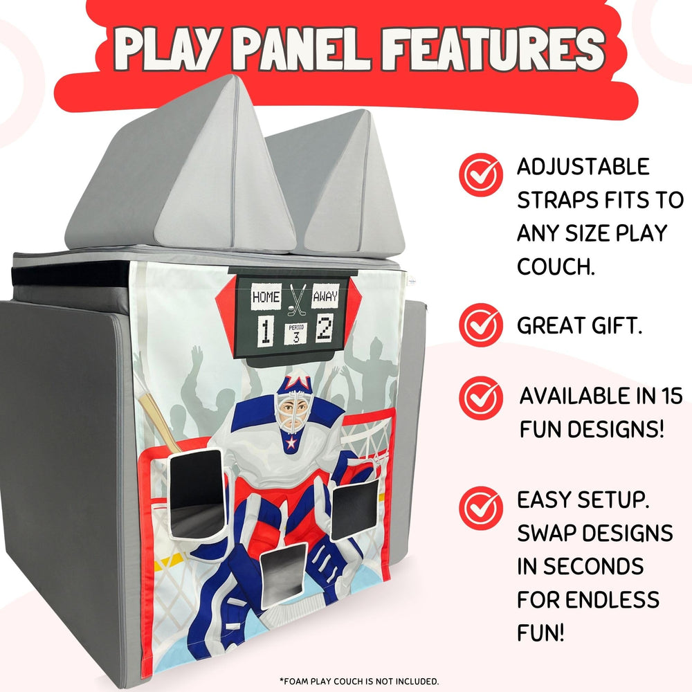 Couch Swag Hockey Play Panel attached to a foam couch for group play.