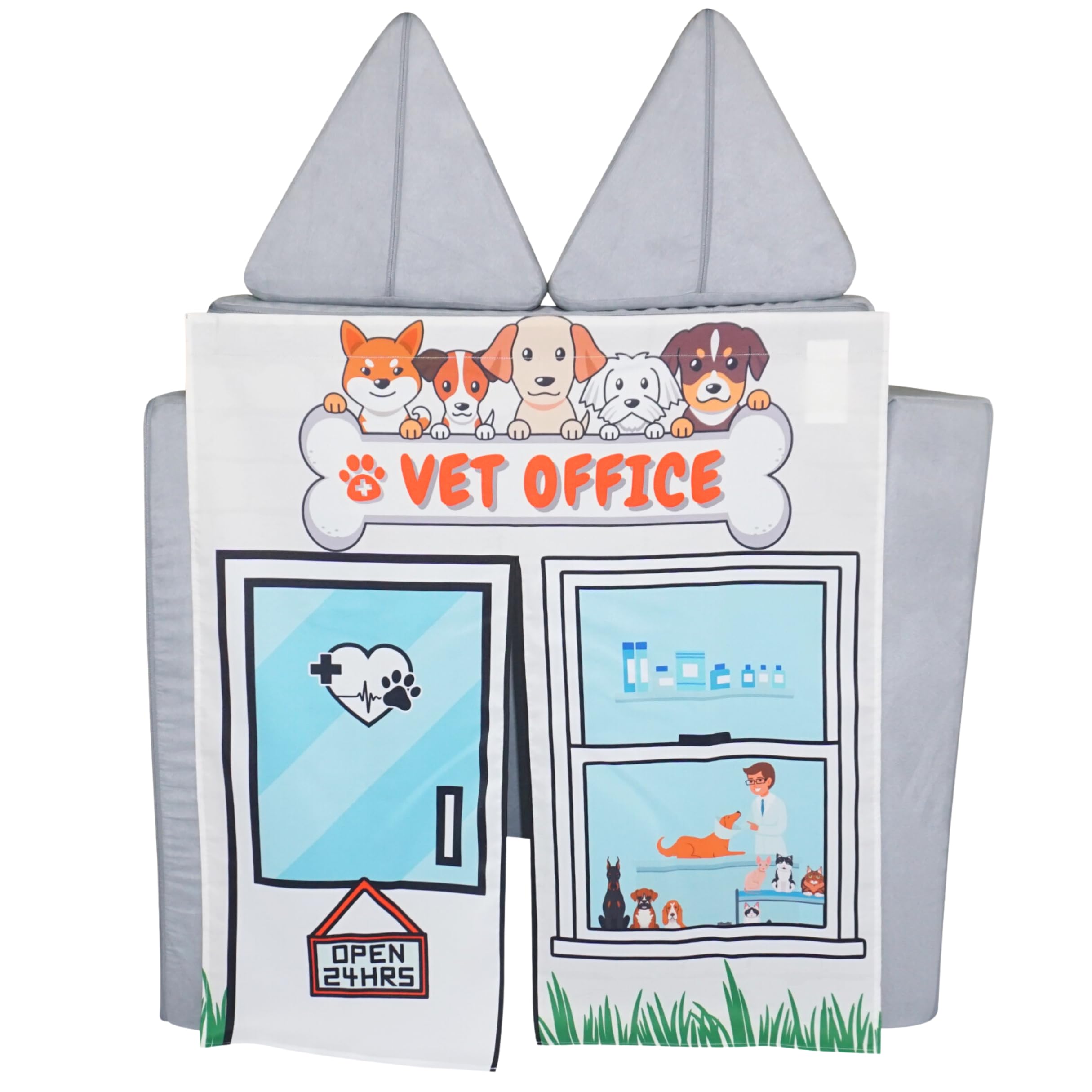 Couch Swag Vet Office Play Panel front view enabling imaginative vet play on a foam couch