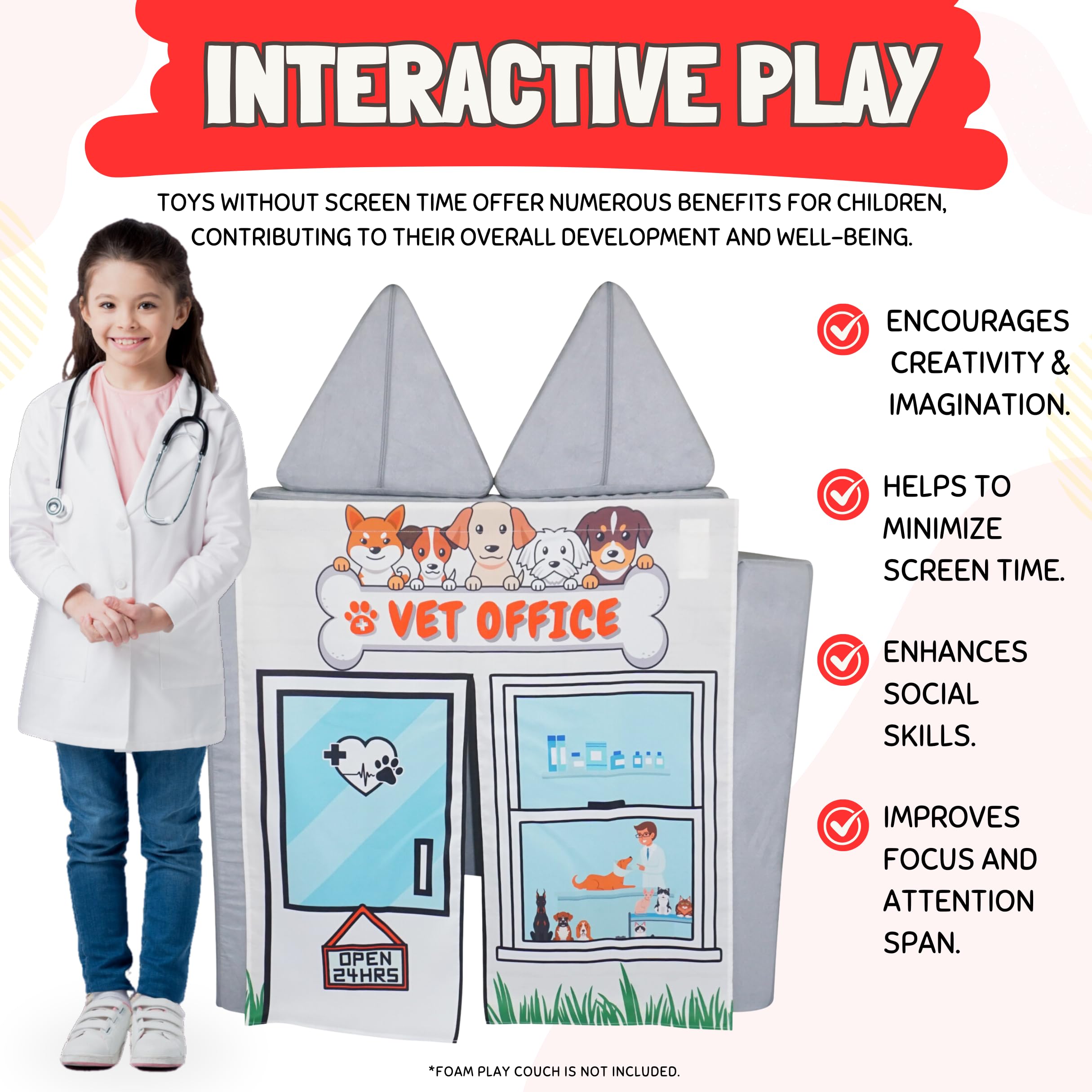 In-use scene with a child at the Vet Office Play Panel for pretend check-ups
