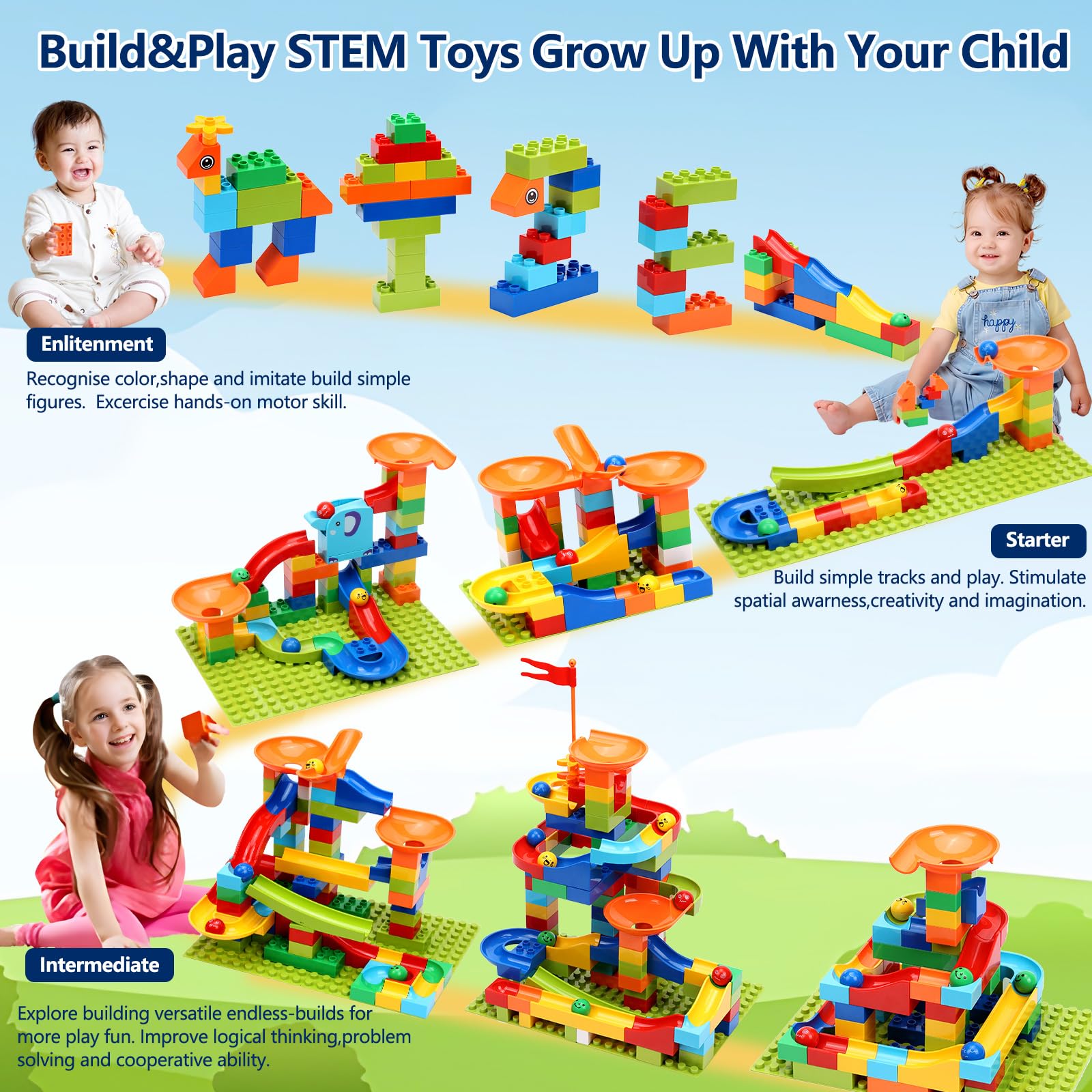 COUOMOXA child enjoys marble run to boost hand-eye coordination.