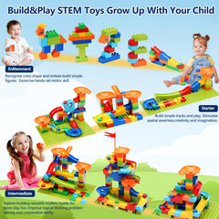 COUOMOXA child enjoys marble run to boost hand-eye coordination.