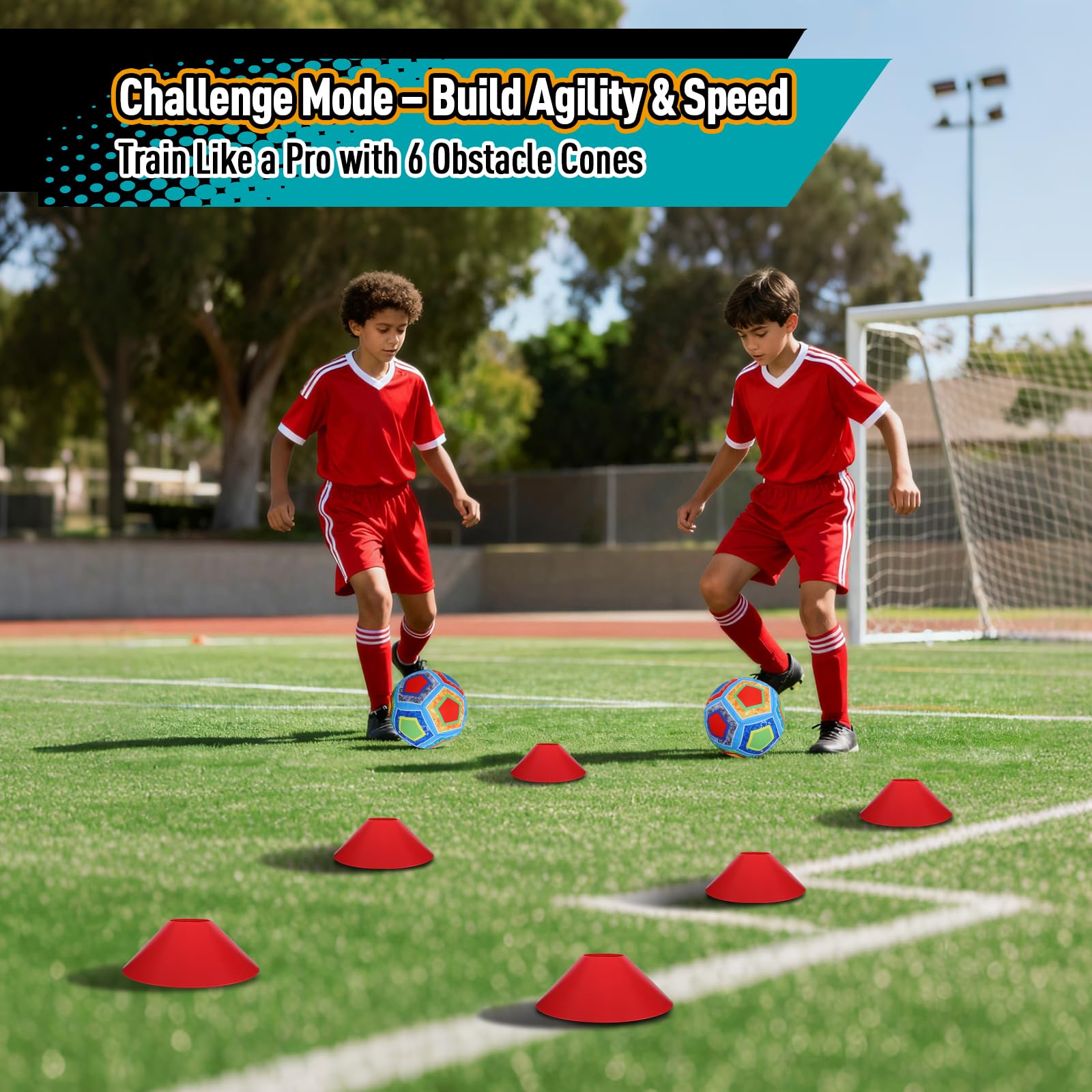 COUOMOXA cone-drill mode with six cones supports dribbling and agility