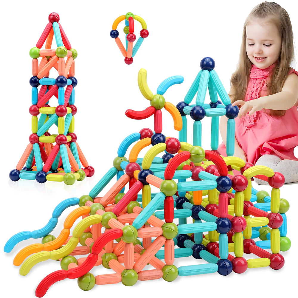 COUOMOXA 42-piece magnetic blocks in action for creative building and motor skills.