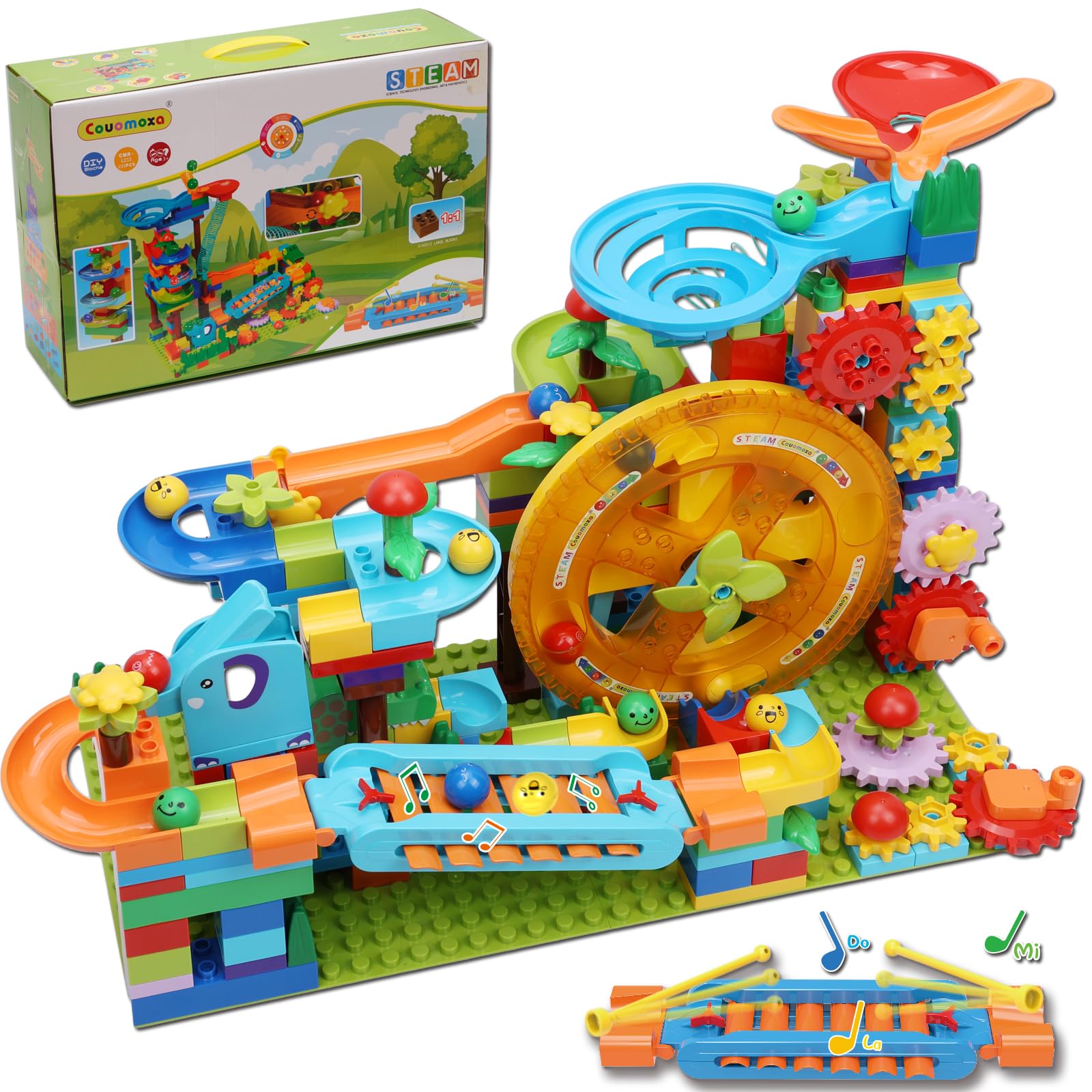 COUOMOXA Marble Run 233pcs assembly promotes creativity and collaborative play.