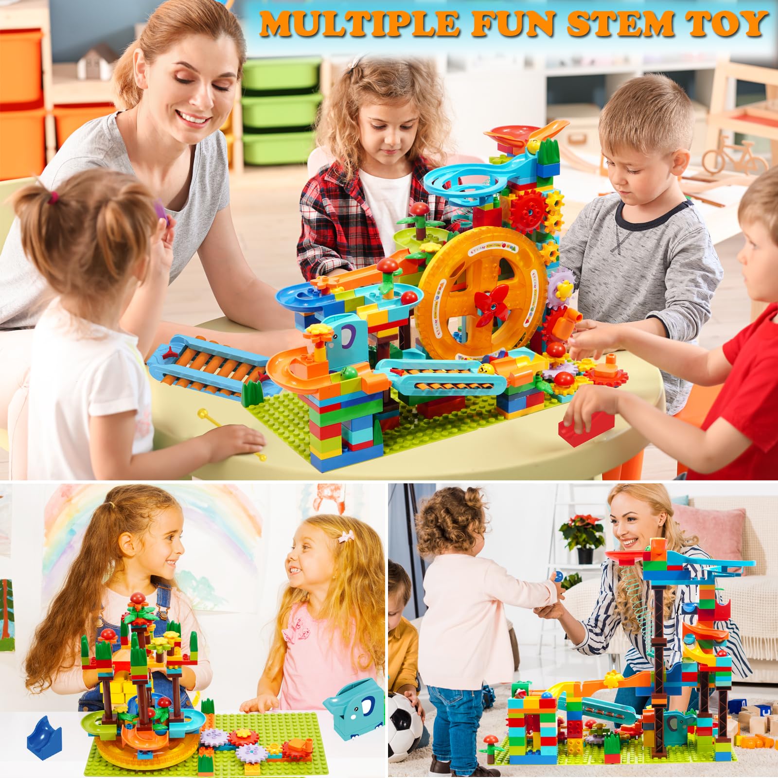 COUOMOXA Marble Run complete track setup enables versatile track-building sessions.