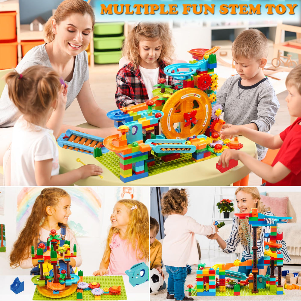 COUOMOXA Marble Run complete track setup enables versatile track-building sessions.