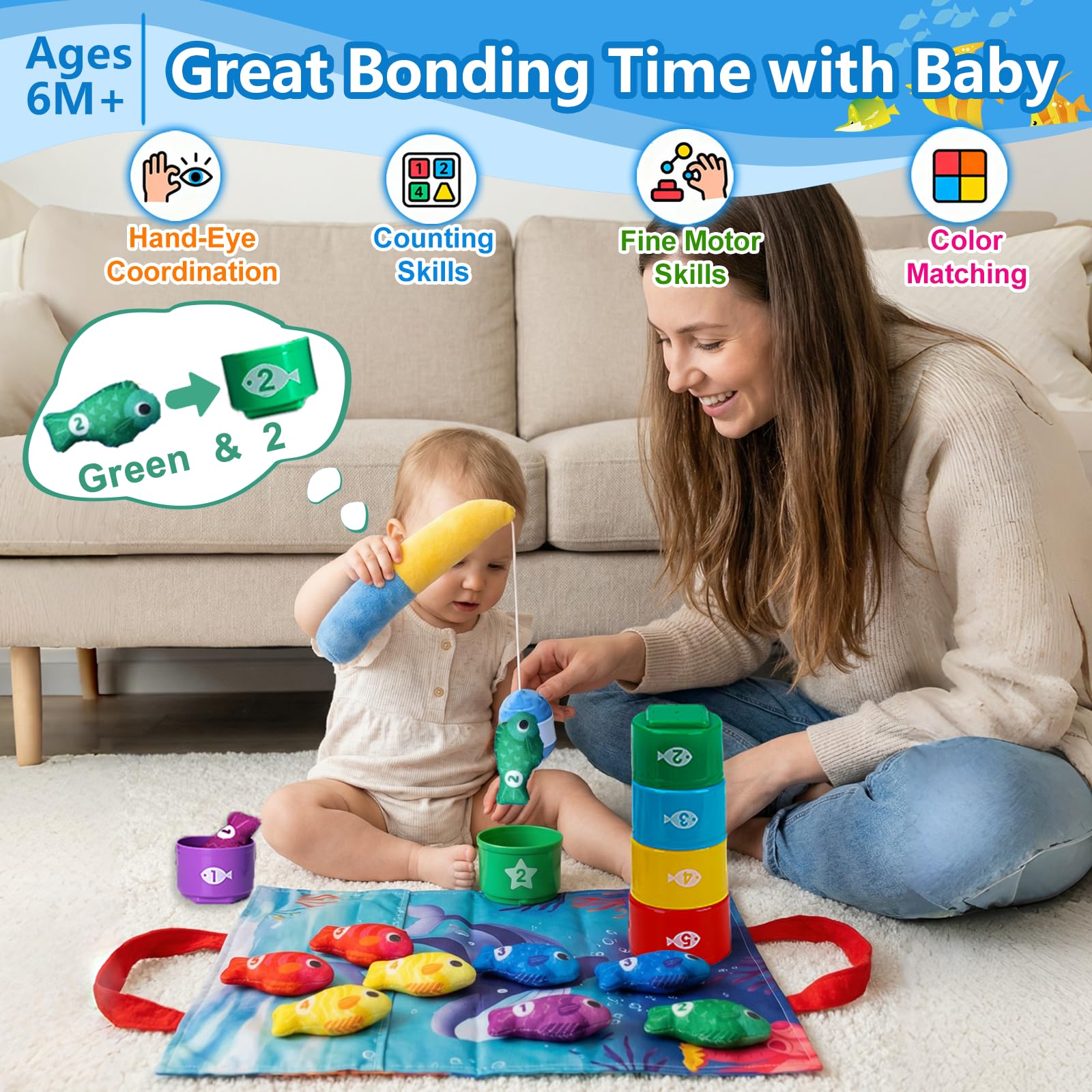 COUOMOXA felt fish collection supports color recognition through engaging fishing play.