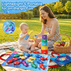 COUOMOXA stackable cups foster fine motor skills and simple sorting tasks.