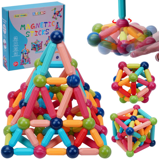 COUOMOXA STEM magnetic toy 74pc kit promotes hands-on learning and fine motor skills.