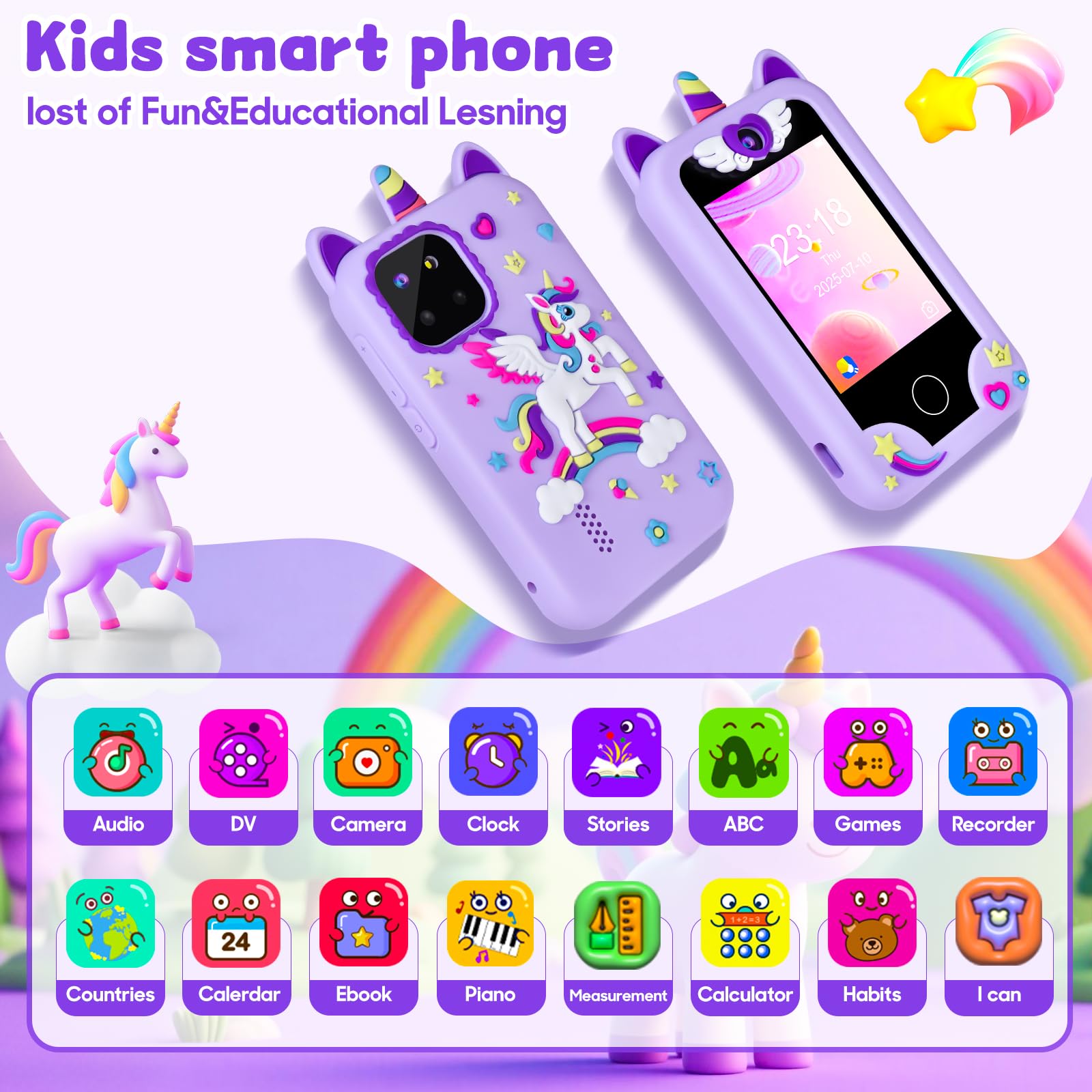Covanm Kids Smart Phone learning games screen showing ABC and memory puzzles for skill development.