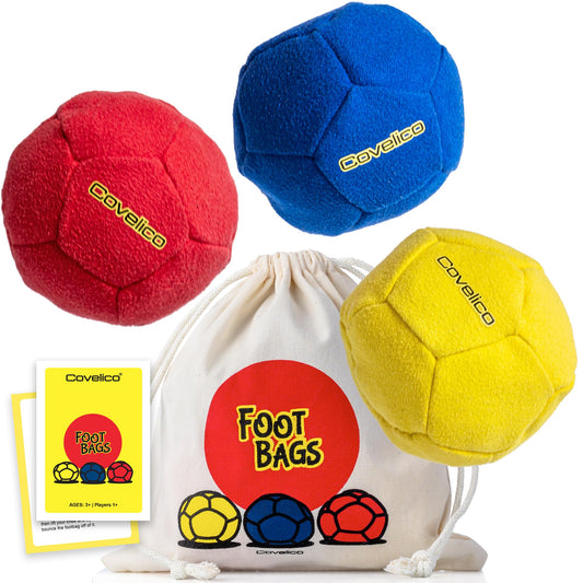 Covelico footbag set in yellow, blue and red for group play and easy tracking.