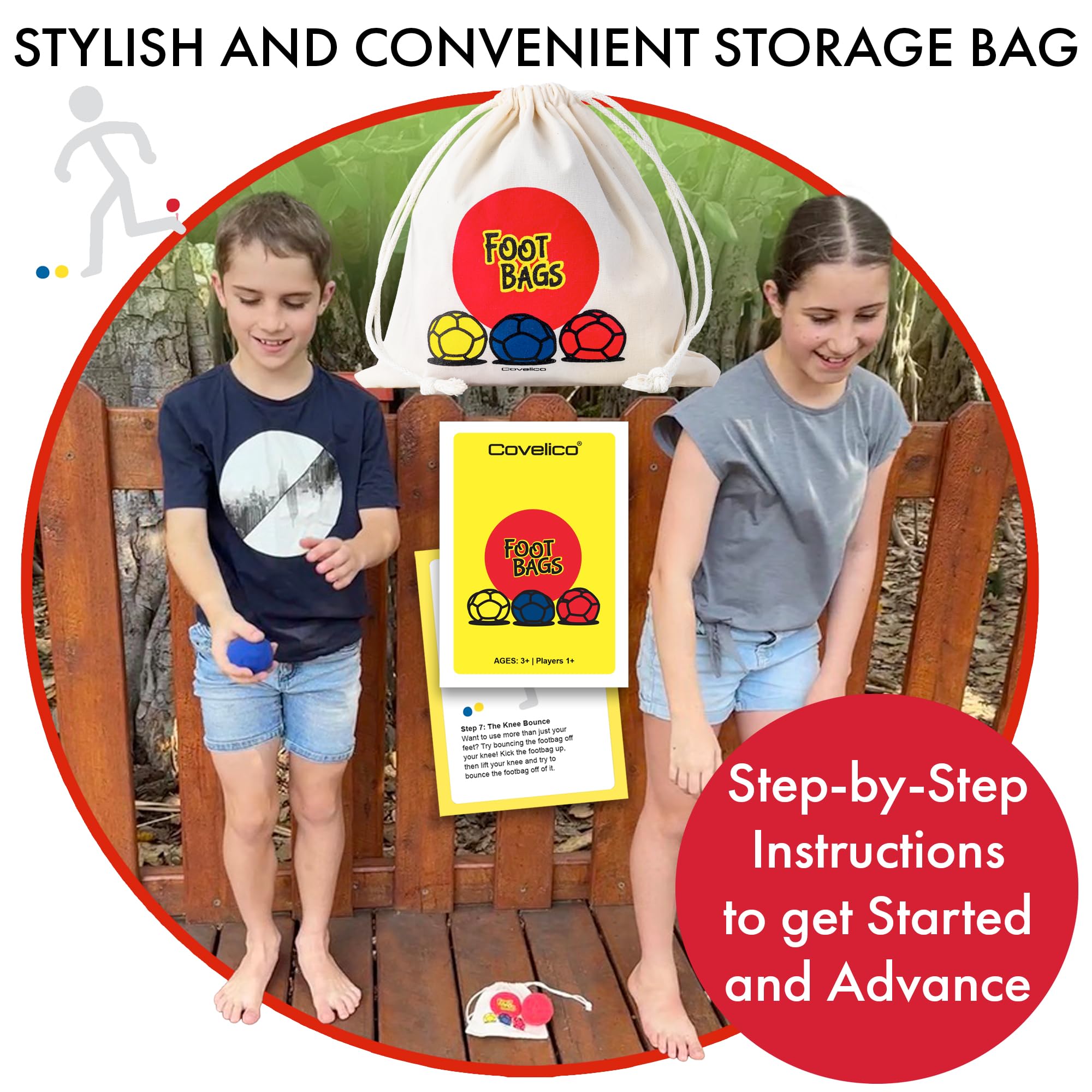 Covelico footbag weighs 1.6 oz for quick starts.