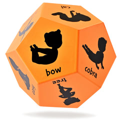Covelico Yoga Dice pose icons on orange foam, ideal for classroom pose ideas.
