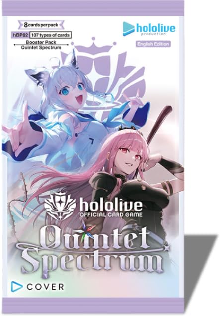Cover Corporation Quintet Spectrum booster box back display featuring Purple Attribute cards for new strategies.
