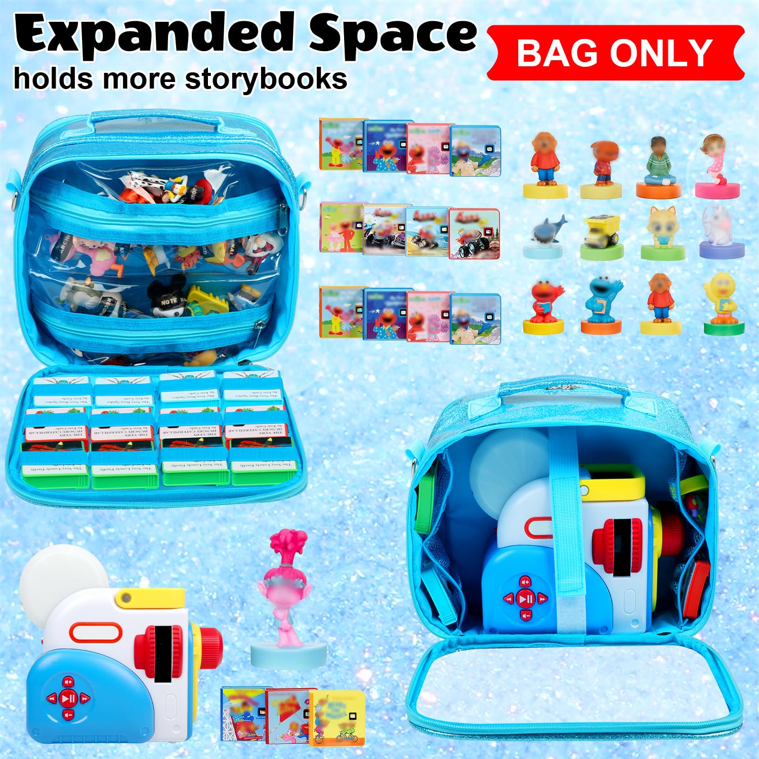 Covkev case with 12 elastic straps securely holds books and characters.