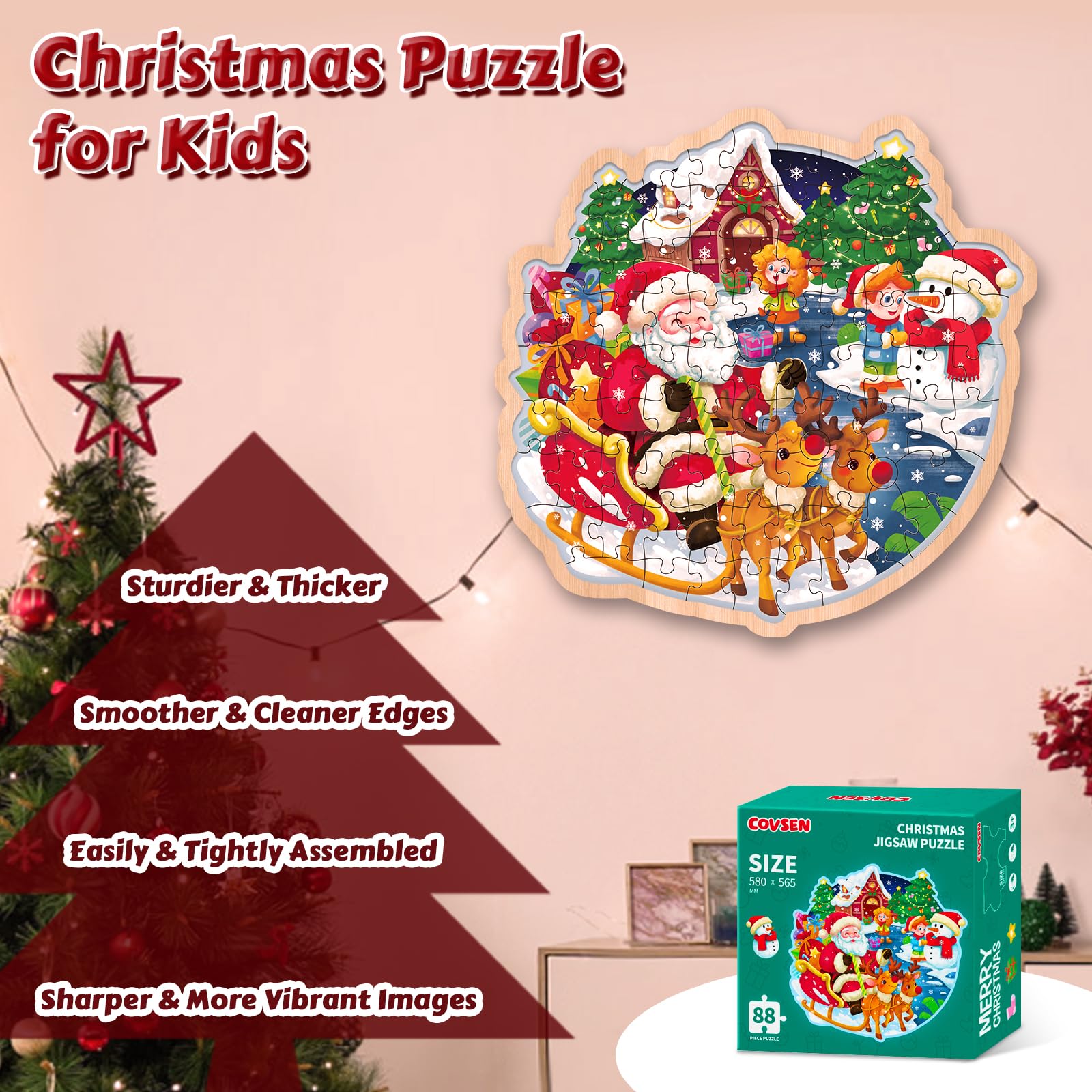 Covsen puzzle with reindeer design encourages group problem-solving and fine motor practice.