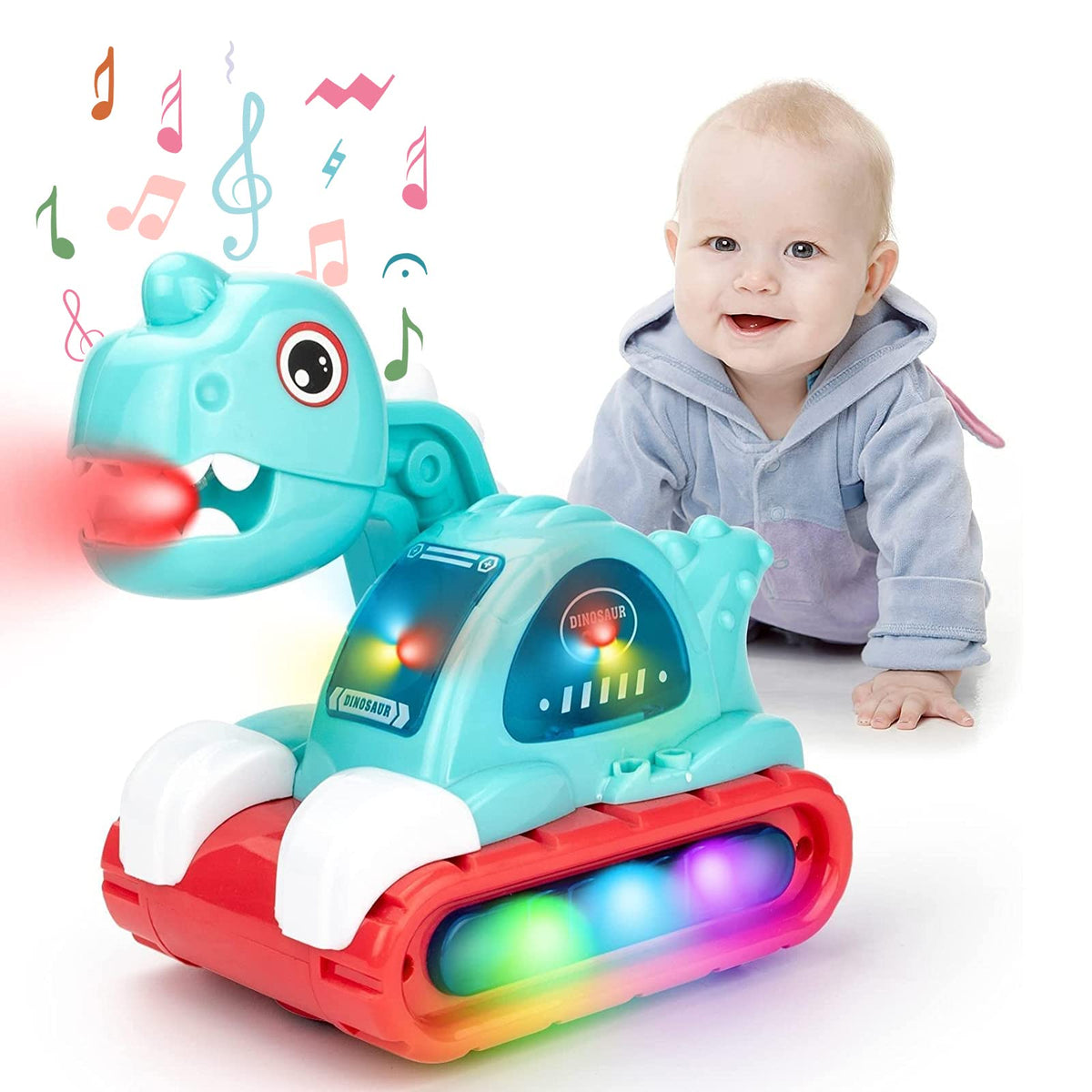 COVTOY dinosaur car toy in motion with lights and roaring sounds.