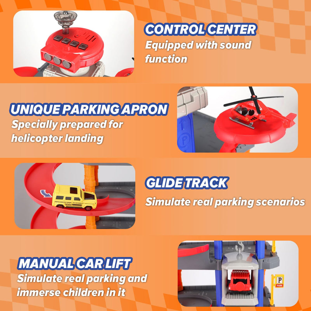 COVTOY Parking Garage with cars and helicopter invites imaginative scenarios.