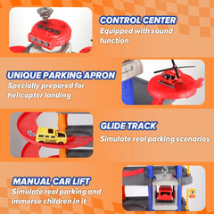 COVTOY Parking Garage with cars and helicopter invites imaginative scenarios.