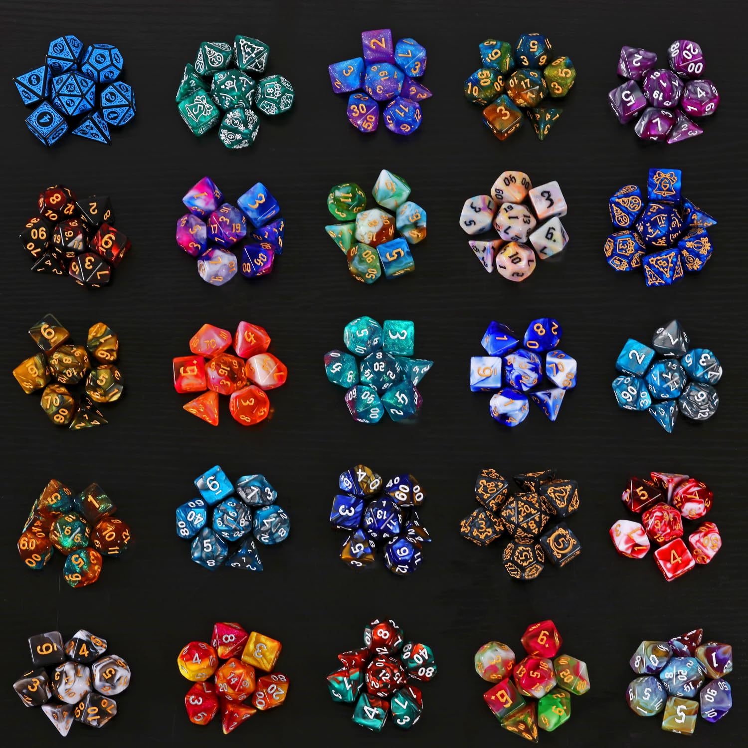 Coyeekn Resin or metal-filled dice close-up demonstrates varied finishes.