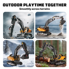CozyBomB RC Excavator's all-terrain design supports dig, lift, and move tasks.